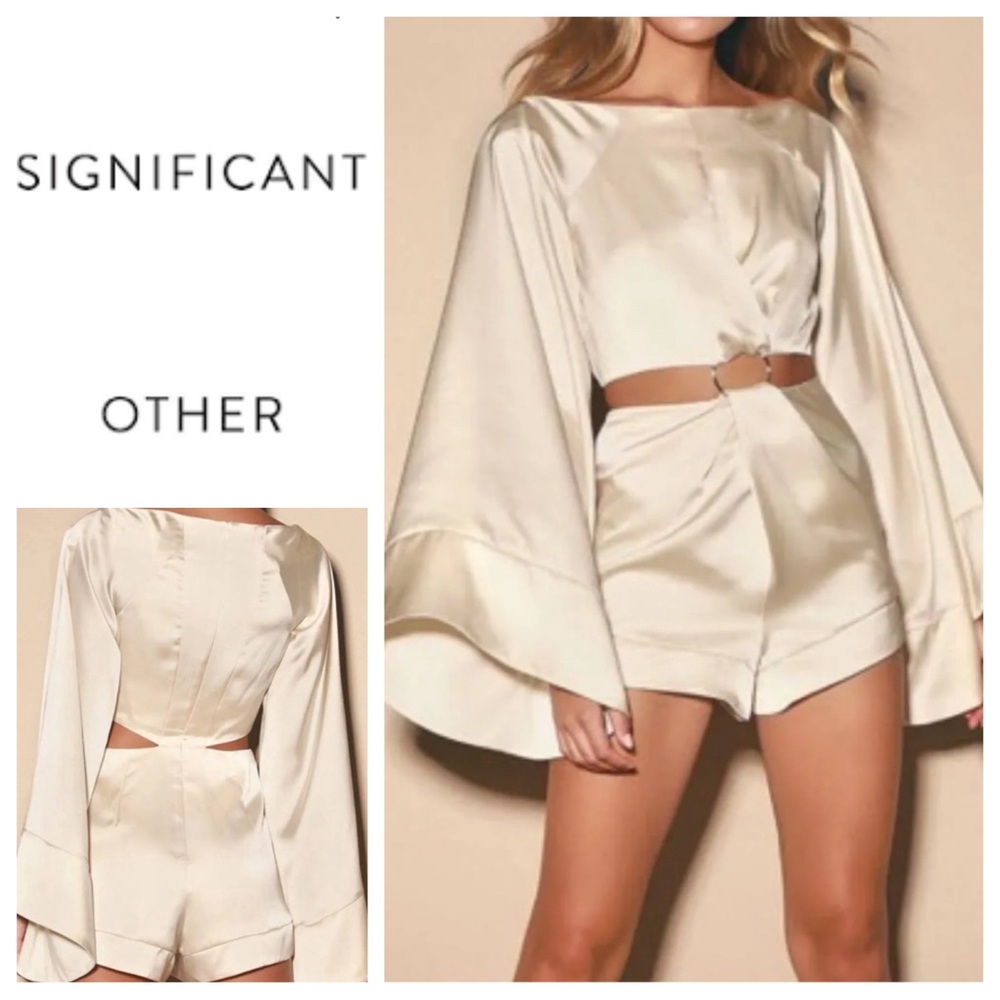 Significant Other Dusk Cream Satin Long Sleeve Cutout Romper Sz: 4